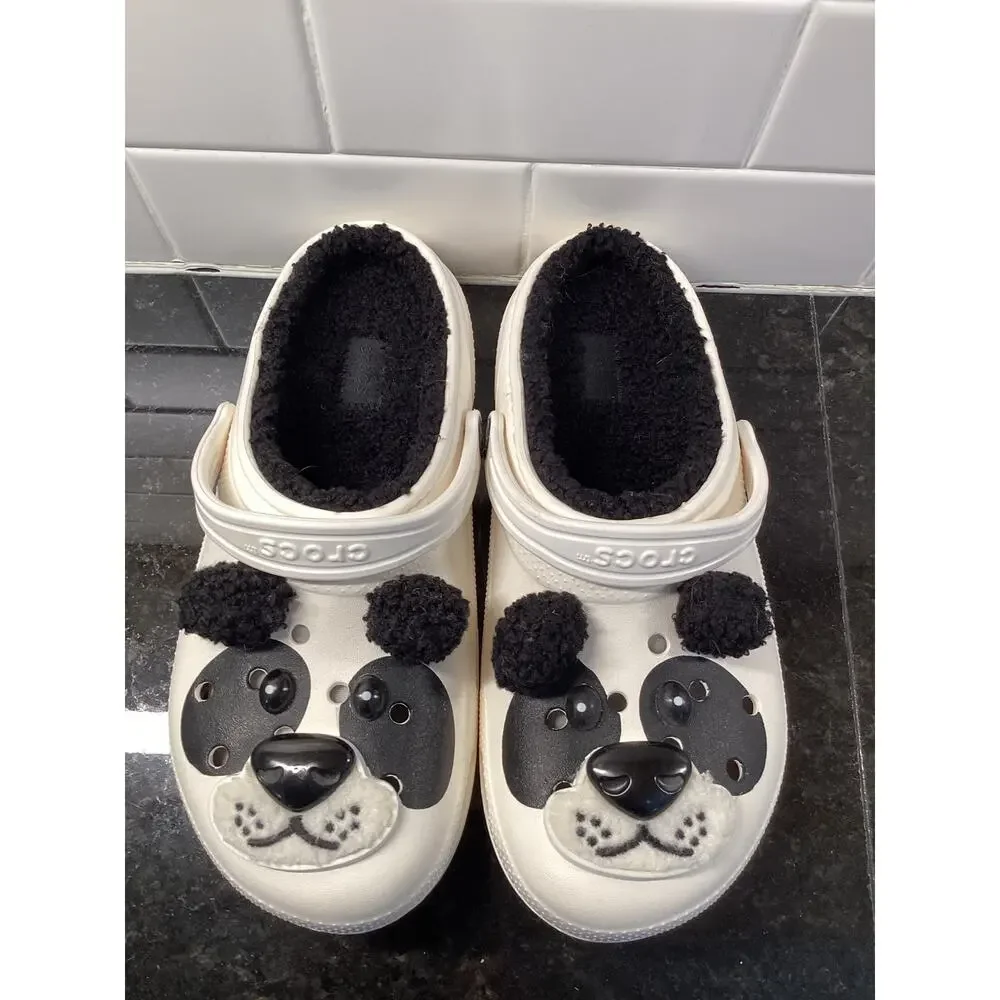 Crocs JUNIORS Classic Lined Super Cute Panda‎ Bear Clog Shoes Black White Size 5